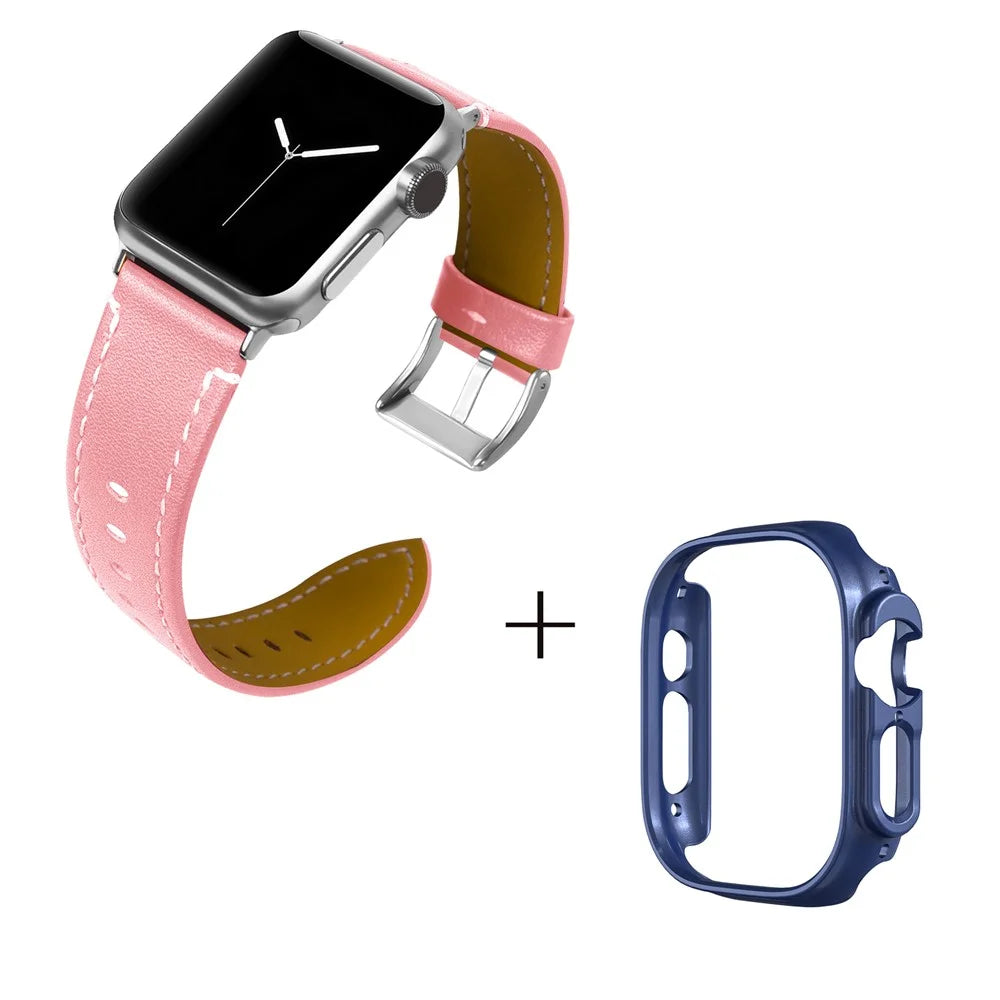 For Apple Watch Ultra 49mm Genuine Cow Leather Wristbands Strap with Midnight Blue PC Watch Case - Pink - 2
