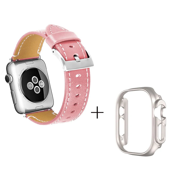 For Apple Watch Ultra 49mm Watch Band Genuine Cow Leather Strap with Starlight PC Watch Case - Pink - 1