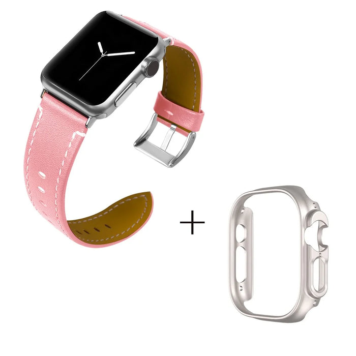 For Apple Watch Ultra 49mm Watch Band Genuine Cow Leather Strap with Starlight PC Watch Case - Pink - 2