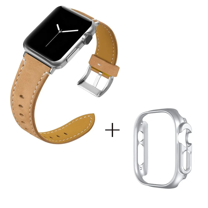 For Apple Watch Ultra 49mm Genuine Cow Leather Wristband with Silver PC Watch Case - Coffee - 2