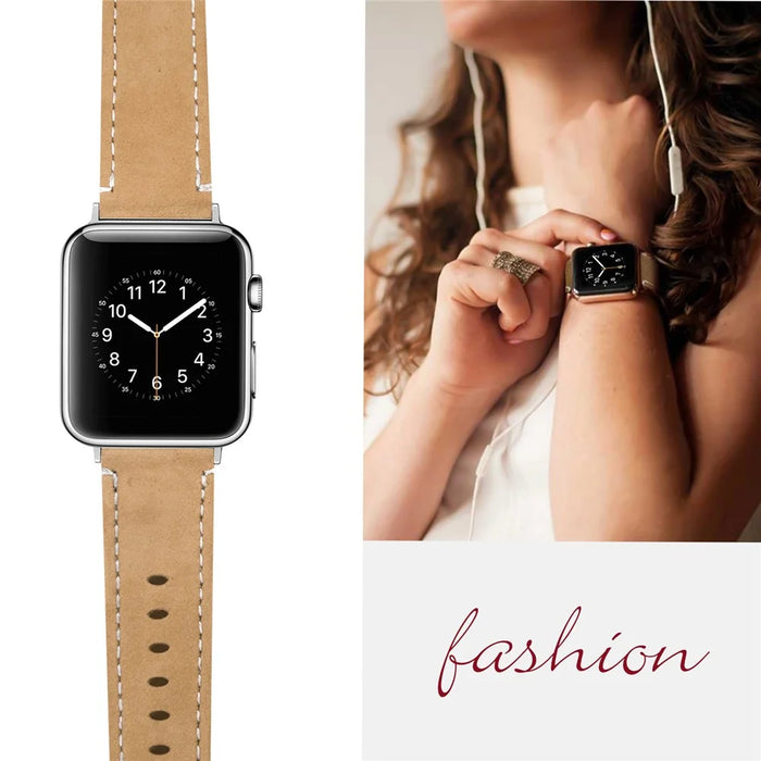 For Apple Watch Ultra 49mm Genuine Cow Leather Wristband with Silver PC Watch Case - Coffee - 4
