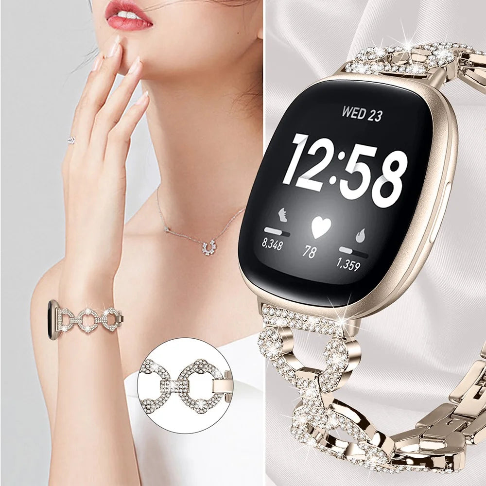 For Fitbit Versa 4 / Sense 2 Rhinestone Decor Watch Band Stainless Steel Bracelet Wristband - Champagne - 2