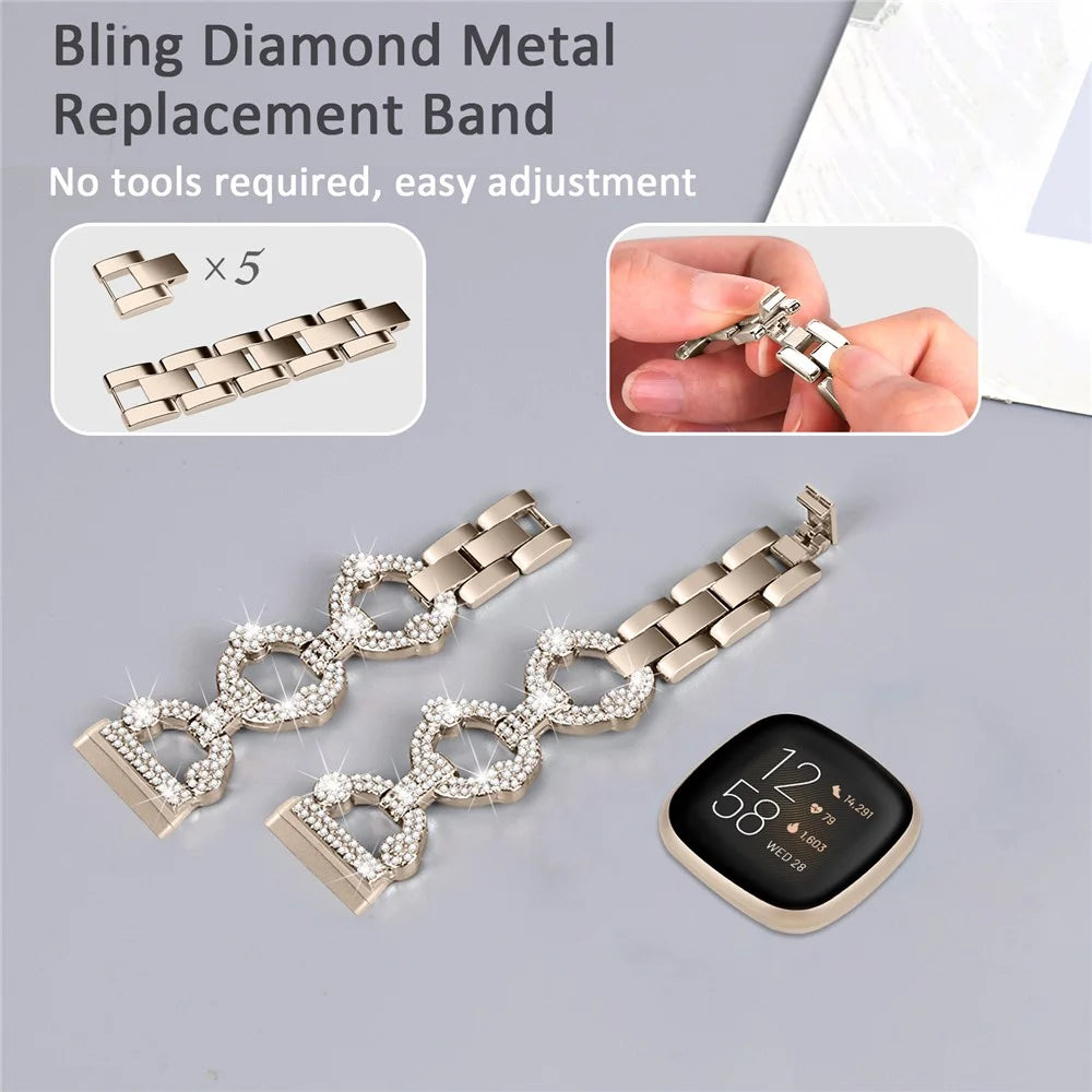 For Fitbit Versa 4 / Sense 2 Rhinestone Decor Watch Band Stainless Steel Bracelet Wristband - Champagne - 3