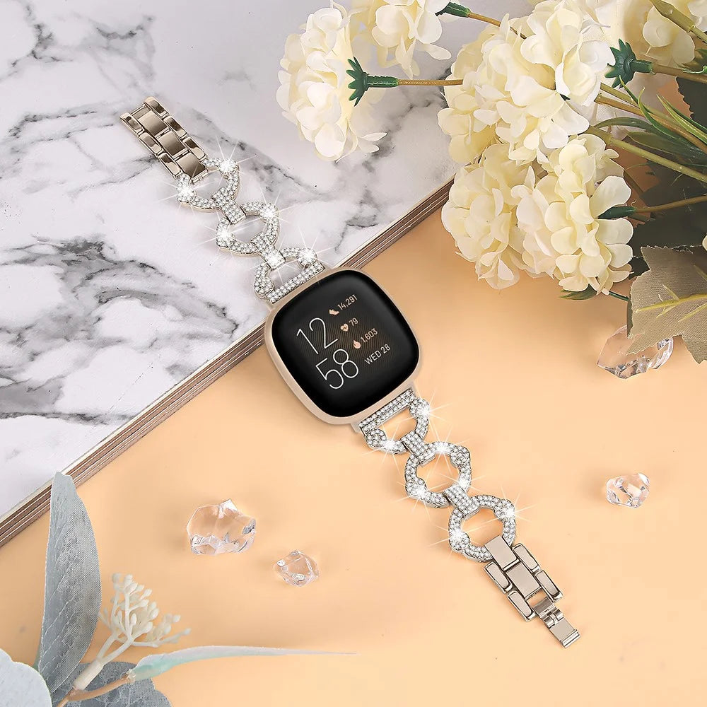 For Fitbit Versa 4 / Sense 2 Rhinestone Decor Watch Band Stainless Steel Bracelet Wristband - Champagne - 4
