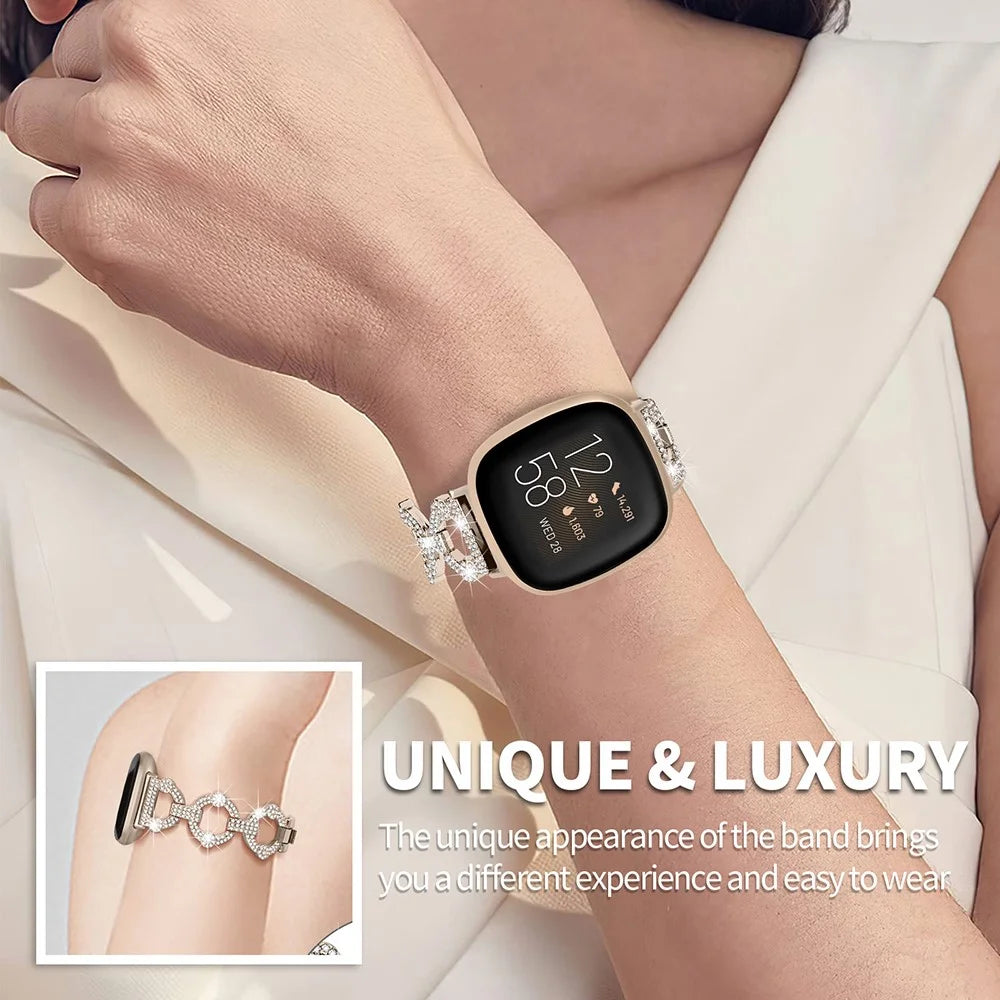 For Fitbit Versa 4 / Sense 2 Rhinestone Decor Watch Band Stainless Steel Bracelet Wristband - Champagne - 5