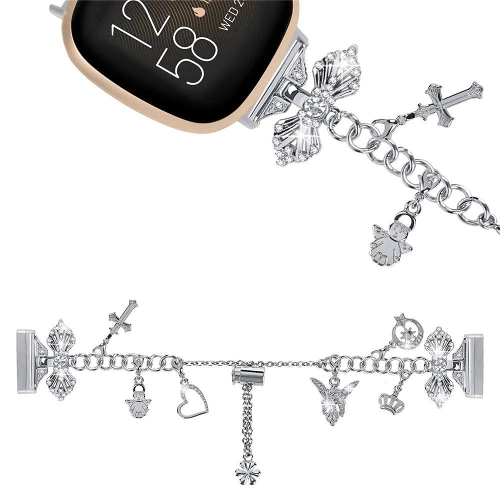 For Fitbit Versa 4 / Sense 2 Adjustable Watch Band Decorative Pendant Bracelet DIY Strap - Silver - 2