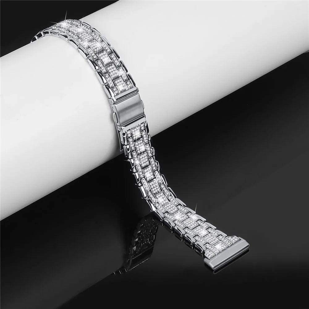 For Fitbit Versa 4 / Sense 2 Rhinestones Decor Metal Watch Band 5 Beads Dual Press Buckle Dressy Replacement Bracelet - Silver - 3