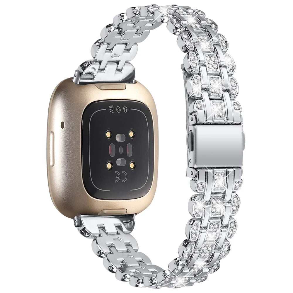 For Fitbit Versa 4 / Sense 2 Metal Wristband Rhinestone Decor Shiny Replacement Bracelet - Silver - 1