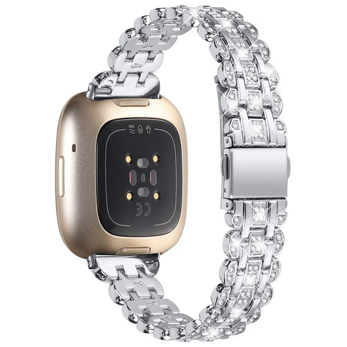 For Fitbit Versa 4 / Sense 2 Metal Wristband Rhinestone Decor Shiny Replacement Bracelet - Silver - 1