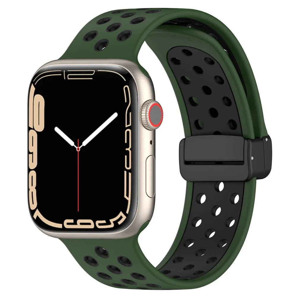 For Apple Watch Ultra 3 2 1 49mm / Series 11 10 46mm / 9 8 7 45mm / SE3 SE2 SE 6 5 4 44mm / 3 2 1 42mm Silicone Strap Dual Color Breathable Watch Band - Army Green / Black - 2
