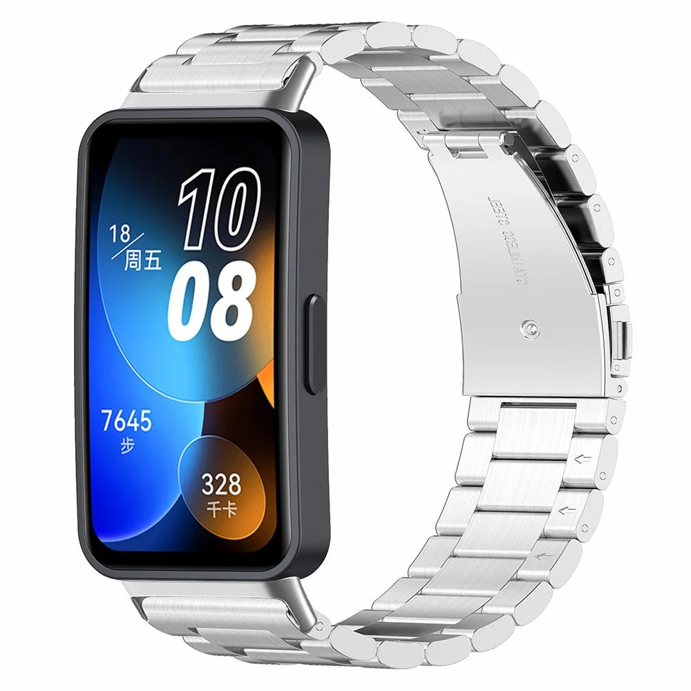 Watch Strap For Huawei Band 8 / Band 8 NFC / Band 9 / Band 9 NFC 3-Bead Stainless Steel Replacement Smartwatch Band - Silver - 2
