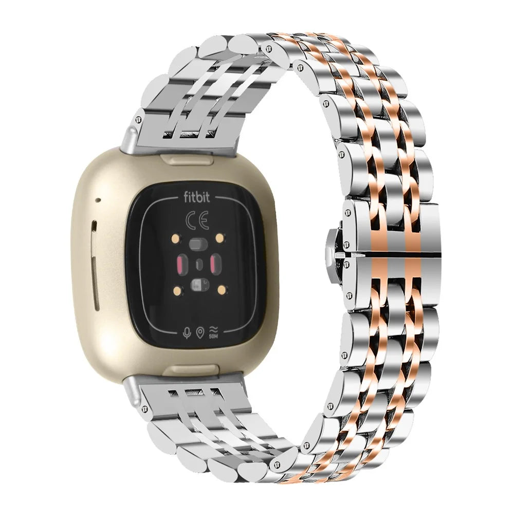 For Fitbit Sense 2 / Versa 4 Stainless Steel Watch Band Stylish 7 Beads Design Replacement Wrist Strap - Silver / Rose Gold - 1