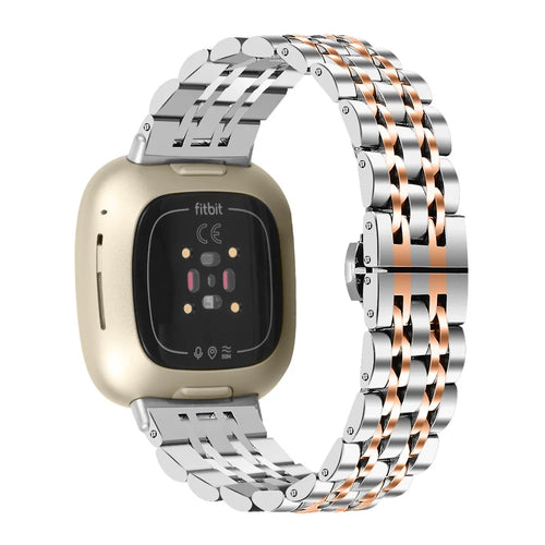 For Fitbit Sense 2 / Versa 4 Stainless Steel Watch Band Stylish 7 Beads Design Replacement Wrist Strap - Silver / Rose Gold - 1