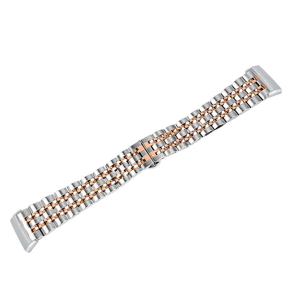 For Fitbit Sense 2 / Versa 4 Stainless Steel Watch Band Stylish 7 Beads Design Replacement Wrist Strap - Silver / Rose Gold - 4