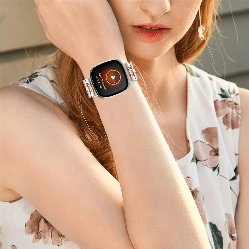 For Fitbit Sense 2 / Versa 4 Stainless Steel Watch Band Stylish 7 Beads Design Replacement Wrist Strap - Silver / Rose Gold - 6