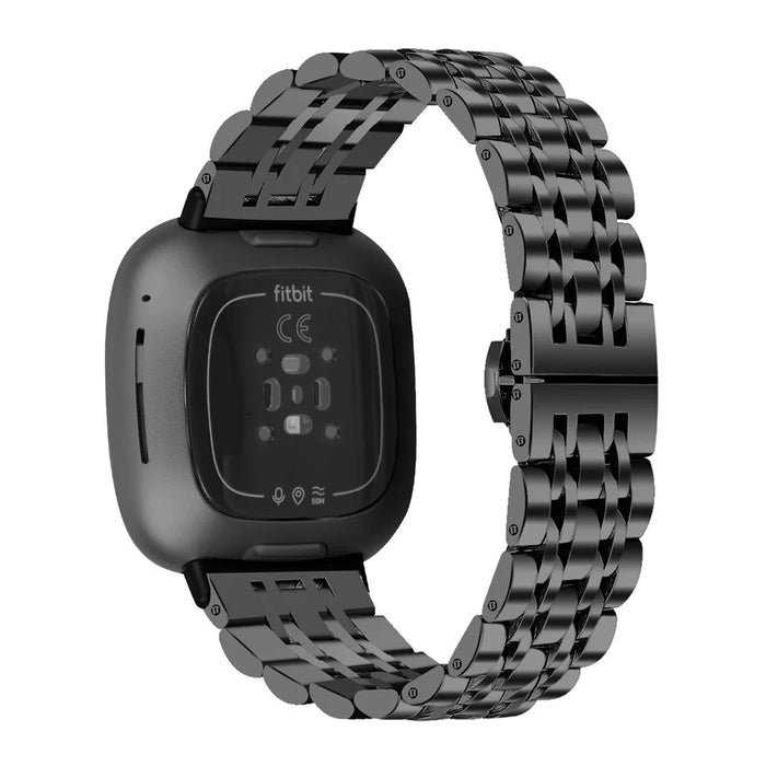 For Fitbit Sense 2 / Versa 4 Replacement Watch Band Stylish 7 Beads Stainless Steel Wrist Strap - Black - 1