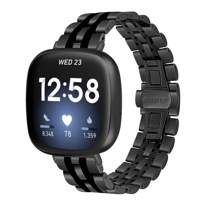 For Fitbit Sense 2 / Versa 4 Replacement Watch Band Stylish 7 Beads Stainless Steel Wrist Strap - Black - 2