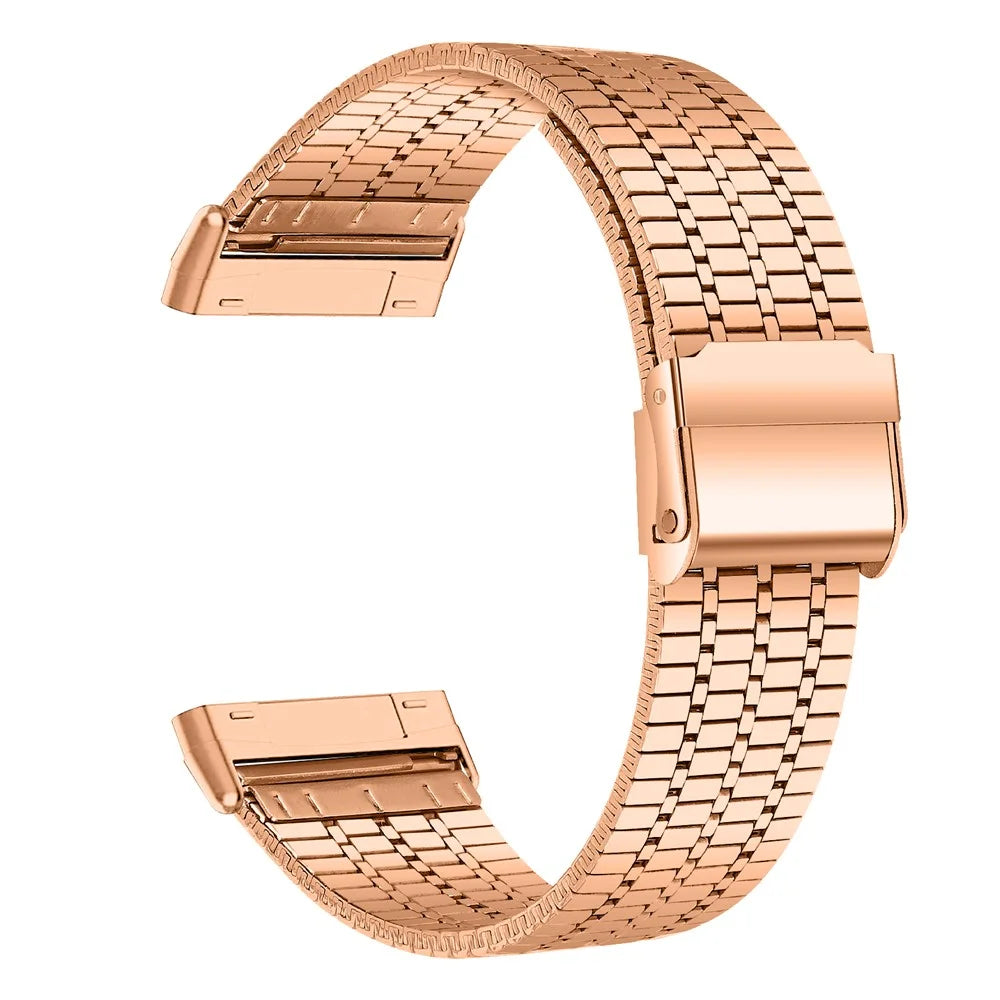 For Fitbit Versa 4 / Sense 2 Stainless Steel 7-Beads Watch Band Dual Buckle Replacement Wrist Strap - Rose Gold - 1