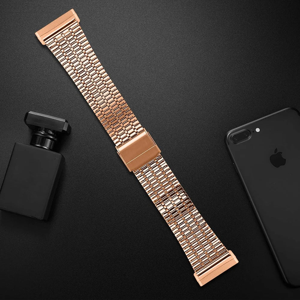 For Fitbit Versa 4 / Sense 2 Stainless Steel 7-Beads Watch Band Dual Buckle Replacement Wrist Strap - Rose Gold - 4