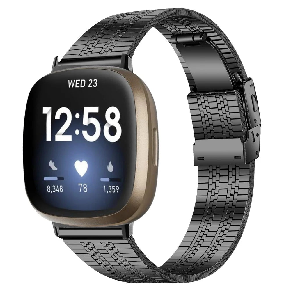 For Fitbit Versa 4 / Sense 2 Smart Watch Band 5 Beads Stainless Steel Replacement Wrist Strap - Black - 2