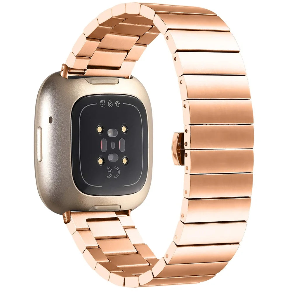 For Fitbit Versa 4 / Sense 2 Stainless Steel Watch Band Butterfly Buckle Replacement Strap - Rose Gold - 1