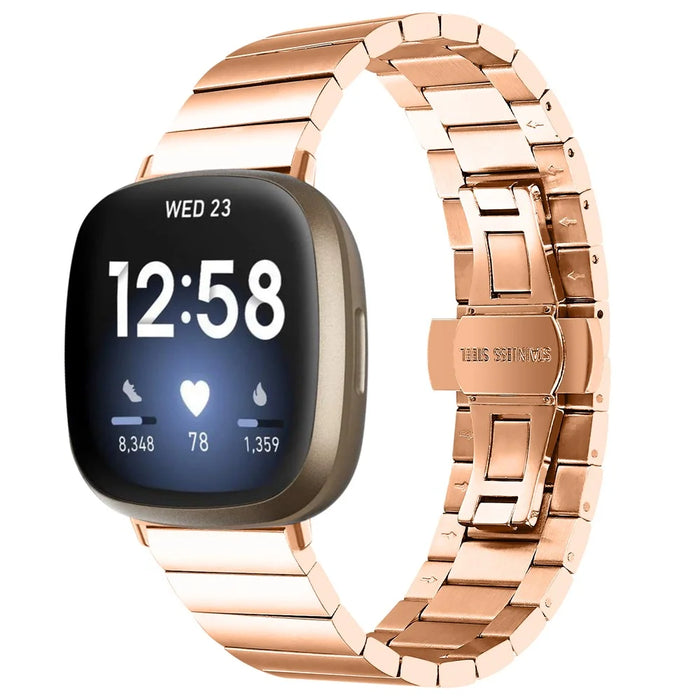 For Fitbit Versa 4 / Sense 2 Stainless Steel Watch Band Butterfly Buckle Replacement Strap - Rose Gold - 2