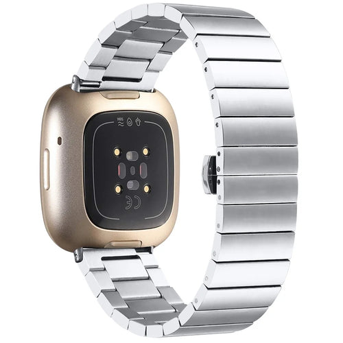 For Fitbit Versa 4 / Sense 2 Stainless Steel Smartwatch Strap Butterfly Buckle Replacement Wrist Band - Silver - 1