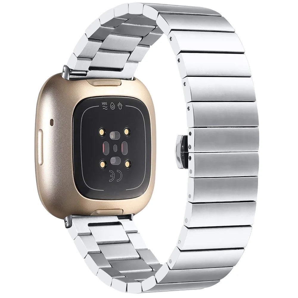 For Fitbit Versa 4 / Sense 2 Stainless Steel Smartwatch Strap Butterfly Buckle Replacement Wrist Band - Silver - 1