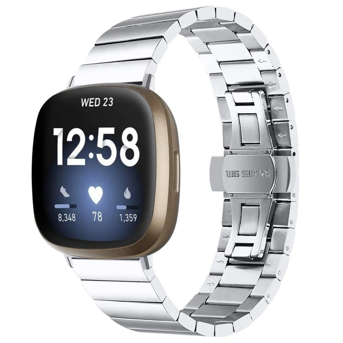 For Fitbit Versa 4 / Sense 2 Stainless Steel Smartwatch Strap Butterfly Buckle Replacement Wrist Band - Silver - 2