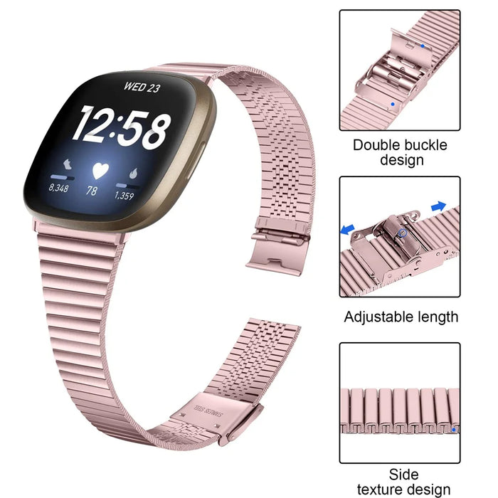 For Fitbit Versa 4 / Sense 2 Adjustable Stainless Steel Watch Band Replacement Wrist Strap - Rose Pink - 5