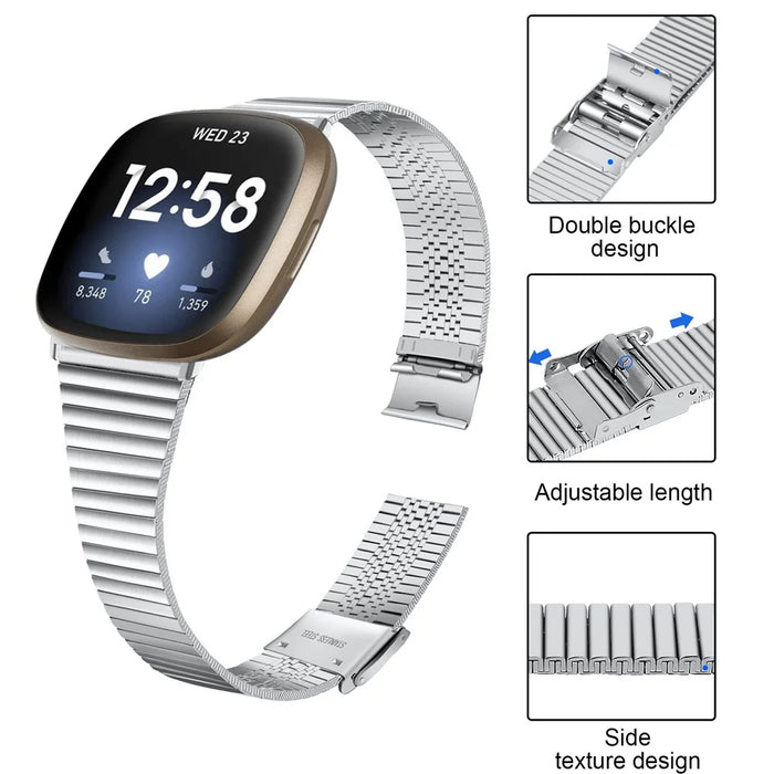 For Fitbit Versa 4 / Sense 2 Adjustable Stainless Steel Smartwatch Strap Replacement Wrist Band - Silver - 5