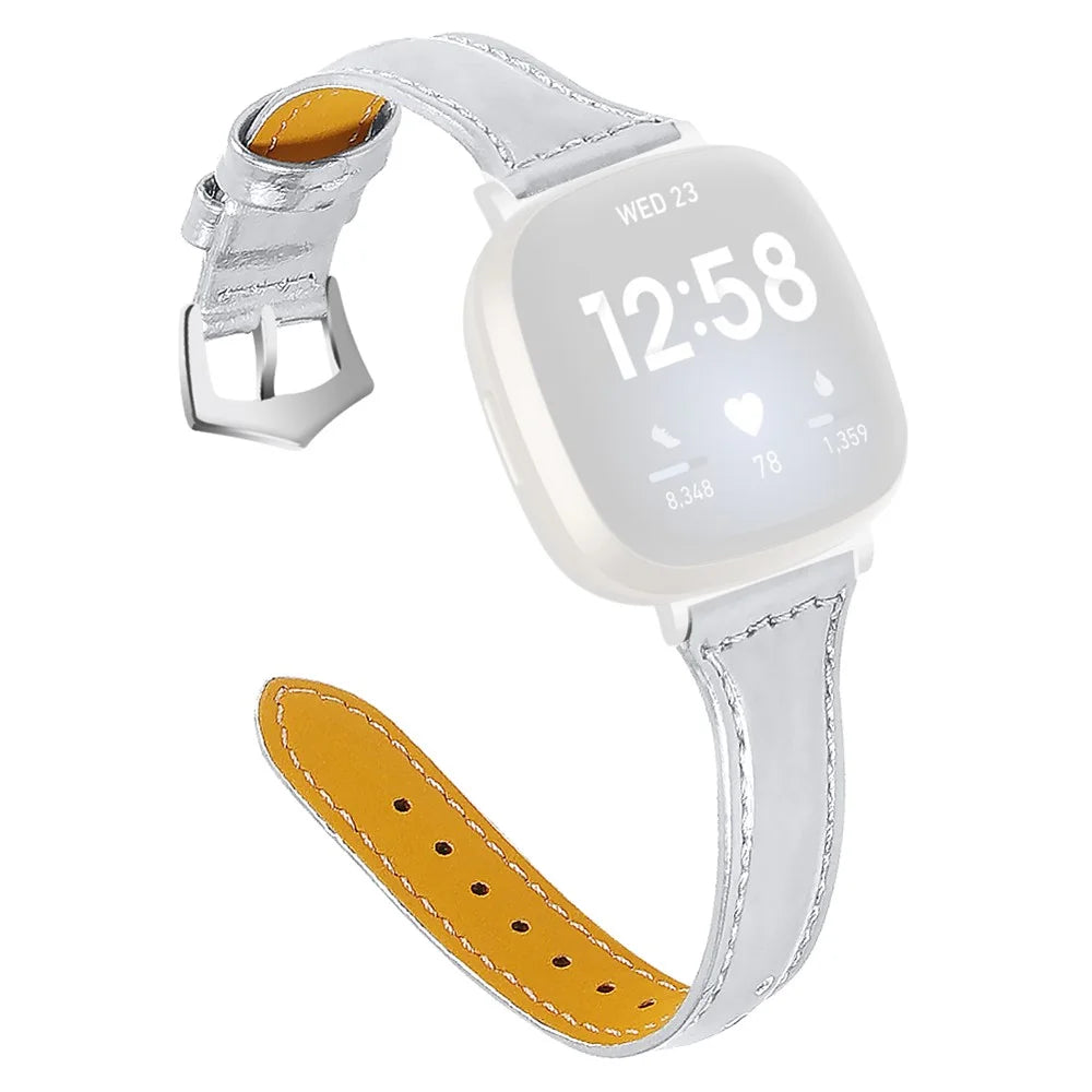 For Fitbit Versa 4 / Sense 2 Genuine Cow Leather Watch Band 20mm Slim Watch Strap - Bright Silver - 1