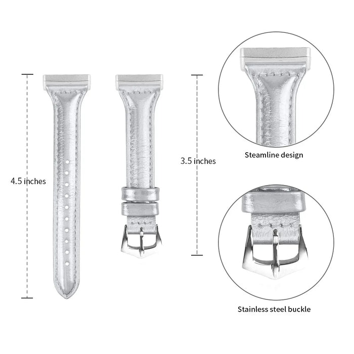 For Fitbit Versa 4 / Sense 2 Genuine Cow Leather Watch Band 20mm Slim Watch Strap - Bright Silver - 3