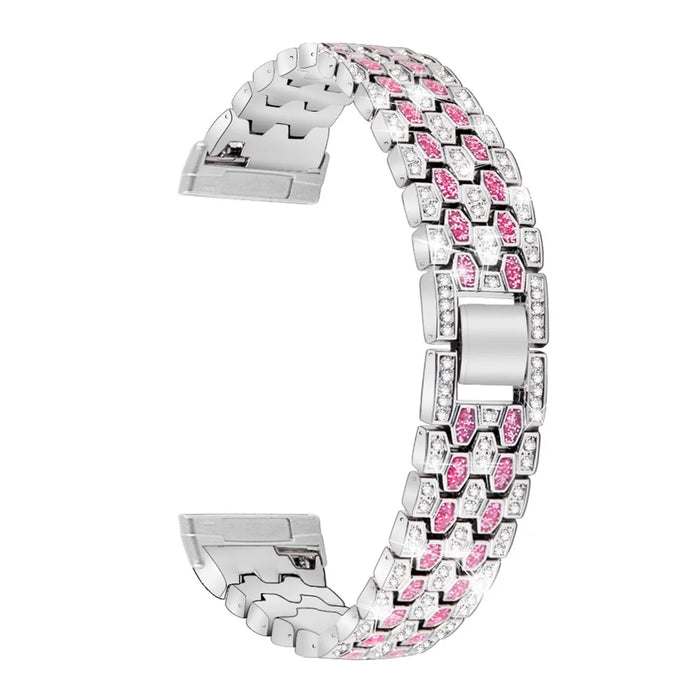 For Fitbit Versa 4 / Sense 2 Dispensing Rhinestone Decor Watch Band 5-Bead Zinc Alloy Metal Bracelet - Silver / Rose - 1