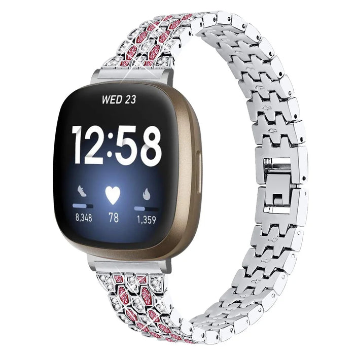 For Fitbit Versa 4 / Sense 2 Dispensing Rhinestone Decor Watch Band 5-Bead Zinc Alloy Metal Bracelet - Silver / Rose - 2
