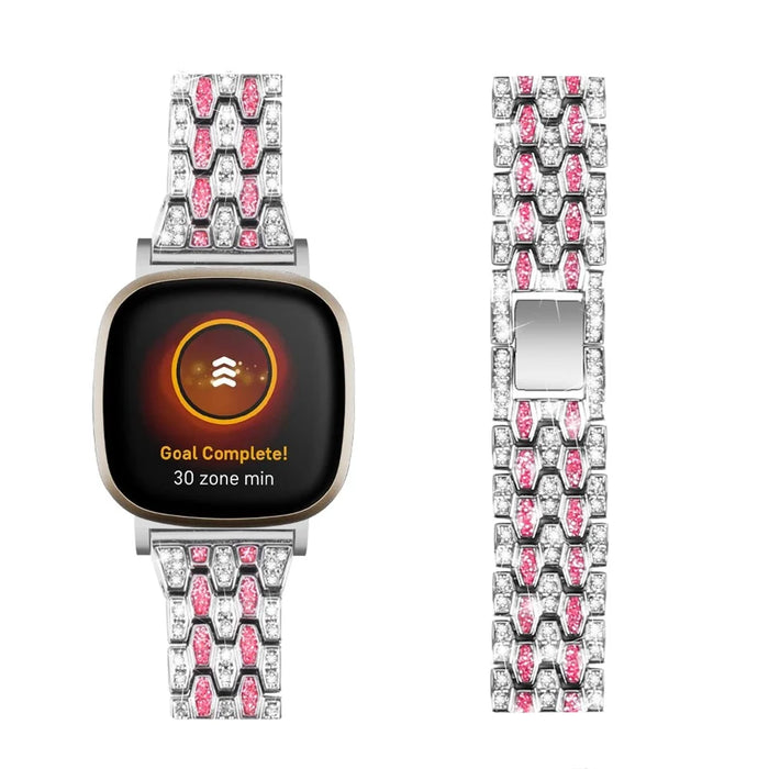 For Fitbit Versa 4 / Sense 2 Dispensing Rhinestone Decor Watch Band 5-Bead Zinc Alloy Metal Bracelet - Silver / Rose - 6