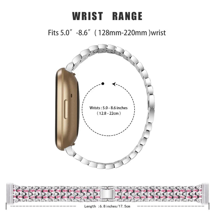 For Fitbit Versa 4 / Sense 2 Dispensing Rhinestone Decor Watch Band 5-Bead Zinc Alloy Metal Bracelet - Silver / Rose - 7