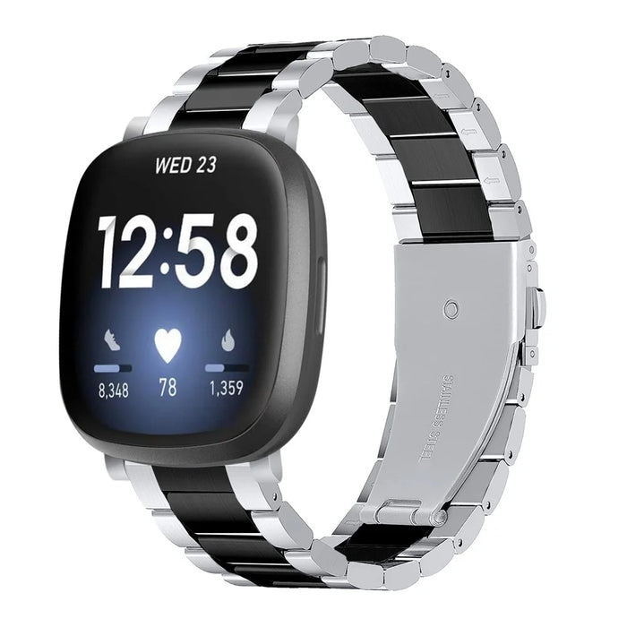 For Fitbit Versa 4 / Sense 2 Stylish 3 Beads Stainless Steel Smart Watch Band Replacement Wrist Strap - Silver / Black - 2