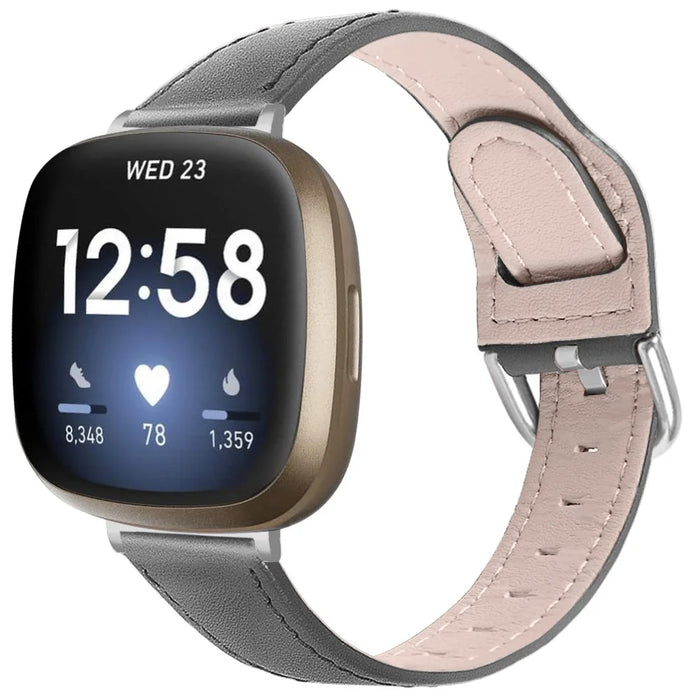 For Fitbit Versa 4 / Sense 2 Watch Band Genuine Cow Leather Strap Replacement - Grey - 2