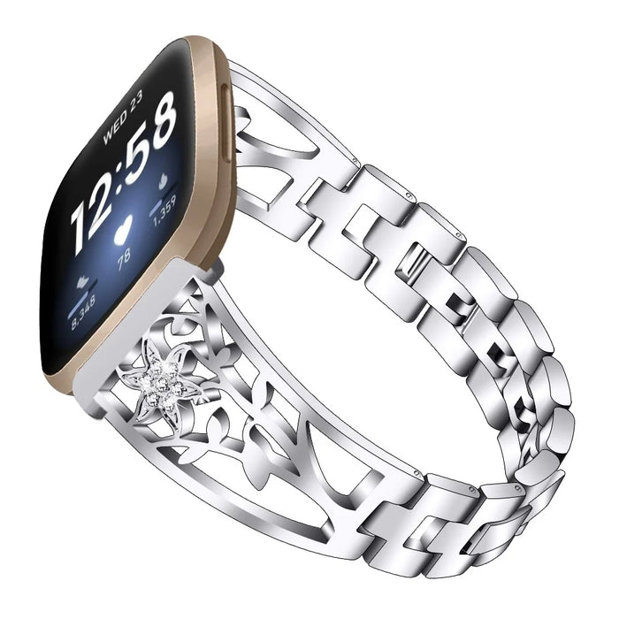 Watch Strap for Fitbit Versa 4 / Sense 2 , Rhinestone Decor Stainless Steel Replacement Wrist Band - Silver - 3