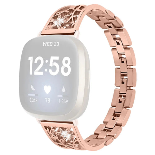 For Fitbit Versa 4 / Sense 2 Rhinestone Decor Stainless Steel Watch Strap Replacement Smartwatch Band - Rose Gold - 1