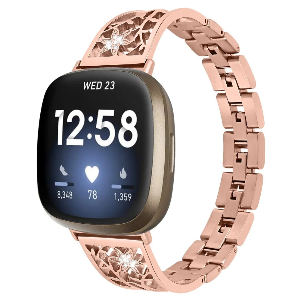 For Fitbit Versa 4 / Sense 2 Rhinestone Decor Stainless Steel Watch Strap Replacement Smartwatch Band - Rose Gold - 2
