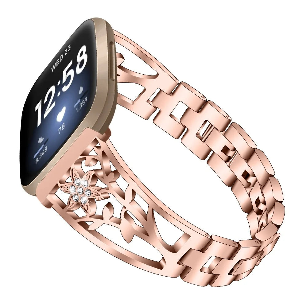 For Fitbit Versa 4 / Sense 2 Rhinestone Decor Stainless Steel Watch Strap Replacement Smartwatch Band - Rose Gold - 3