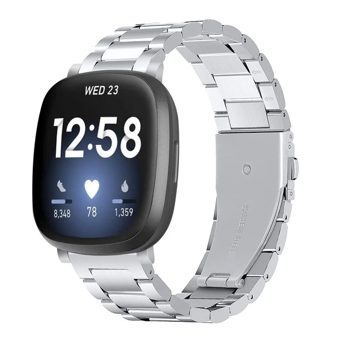 For Fitbit Versa 4 / Sense 2 Watch Strap Stainless Steel 3-Bead Smart Band Strap Replacement - Silver - 2