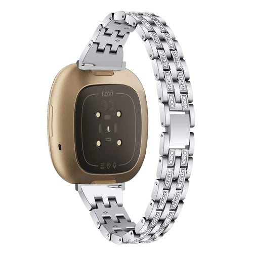 For Fitbit Versa 4 / Sense 2 Zinc Alloy 2 Rows Rhinestone Watch Strap Replacement Wrist Band - Silver - 1