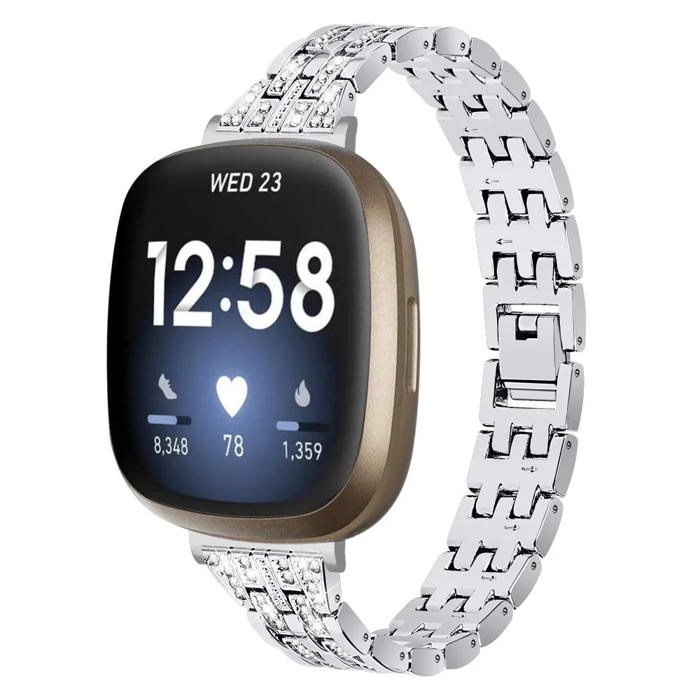For Fitbit Versa 4 / Sense 2 Zinc Alloy 2 Rows Rhinestone Watch Strap Replacement Wrist Band - Silver - 2
