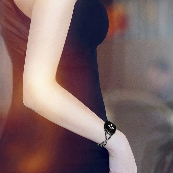 For Fitbit Versa 4 / Sense 2 X-shape Rhinestones Decor Watch Strap Zinc Alloy Replacement Wrist Band - Black - 4