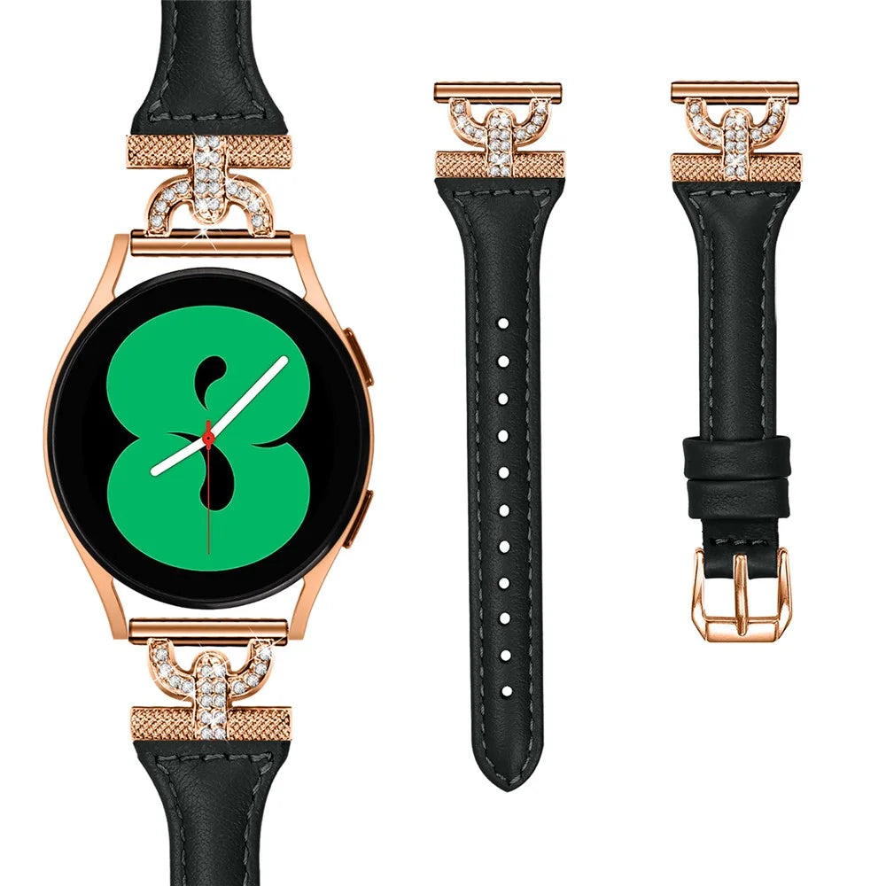 Watch Band for Samsung Galaxy Watch6 40mm 44mm / Watch6 Classic 43mm 47mm / Watch 5 40mm 44mm / Watch4 40mm 44mm , Rhinestone Decor 20mm Genuine Cow Leather Strap with Rose Gold Buckle - Black - 2