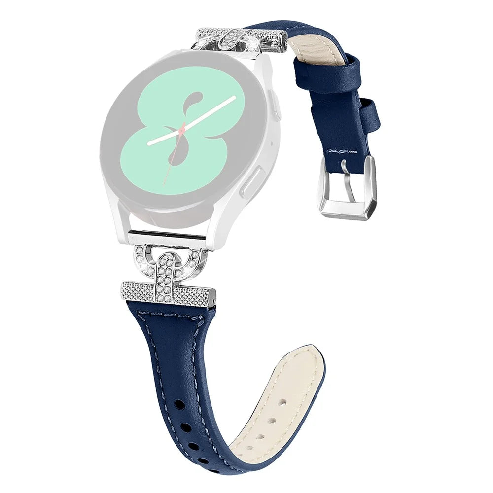 20mm Genuine Cow Leather Band for Samsung Galaxy Watch6 40mm 44mm / Watch6 Classic 43mm 47mm / Watch 5 40mm 44mm / Watch4 40mm 44mm , Rhinestone Decor Watch Strap with Silver Buckle - Ink Blue - 1