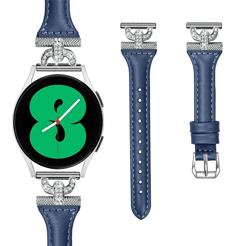 20mm Genuine Cow Leather Band for Samsung Galaxy Watch6 40mm 44mm / Watch6 Classic 43mm 47mm / Watch 5 40mm 44mm / Watch4 40mm 44mm , Rhinestone Decor Watch Strap with Silver Buckle - Ink Blue - 2
